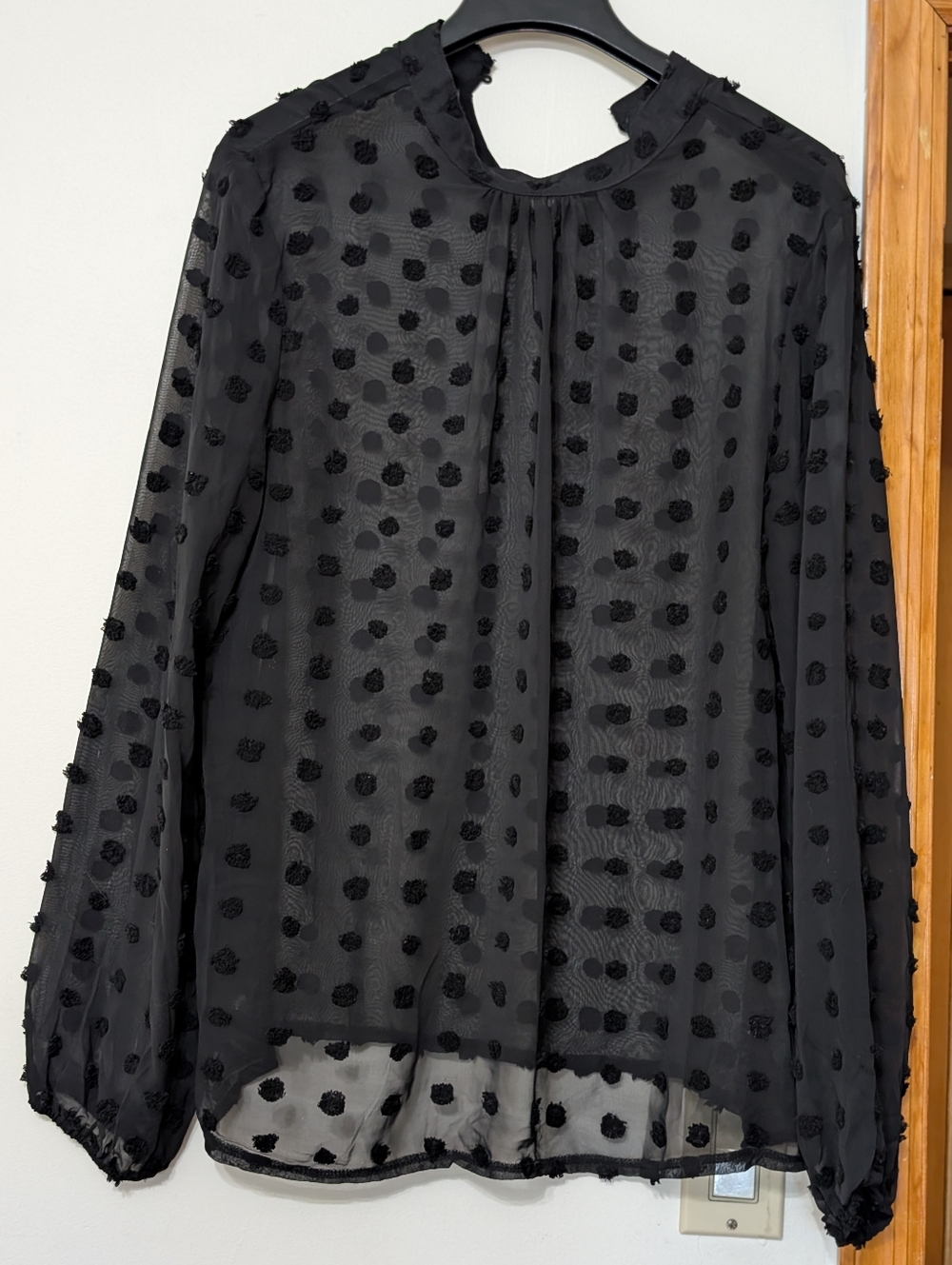 Shein Black Sheer Polka Dot Blouse XL – Mesh Long Sleeve Top